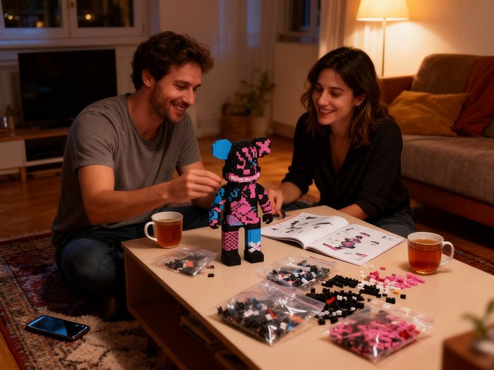 Couple qui construit l'ours en briques ensemble (mise en scène)