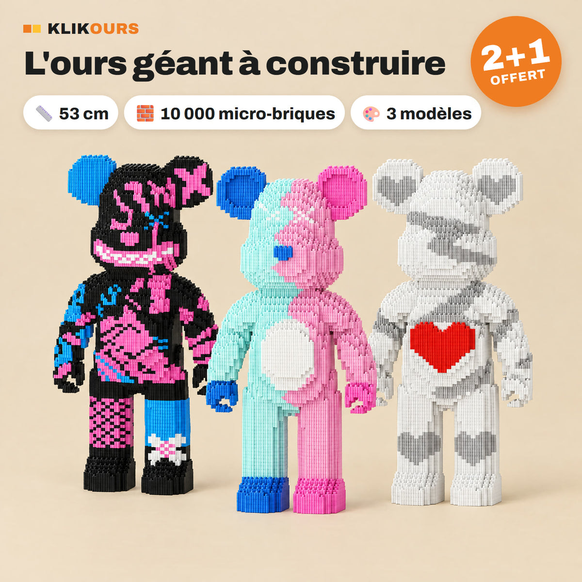 Les trois ours géants à construire Klikours, 53 cm, offre 2 achetés + 1 offert