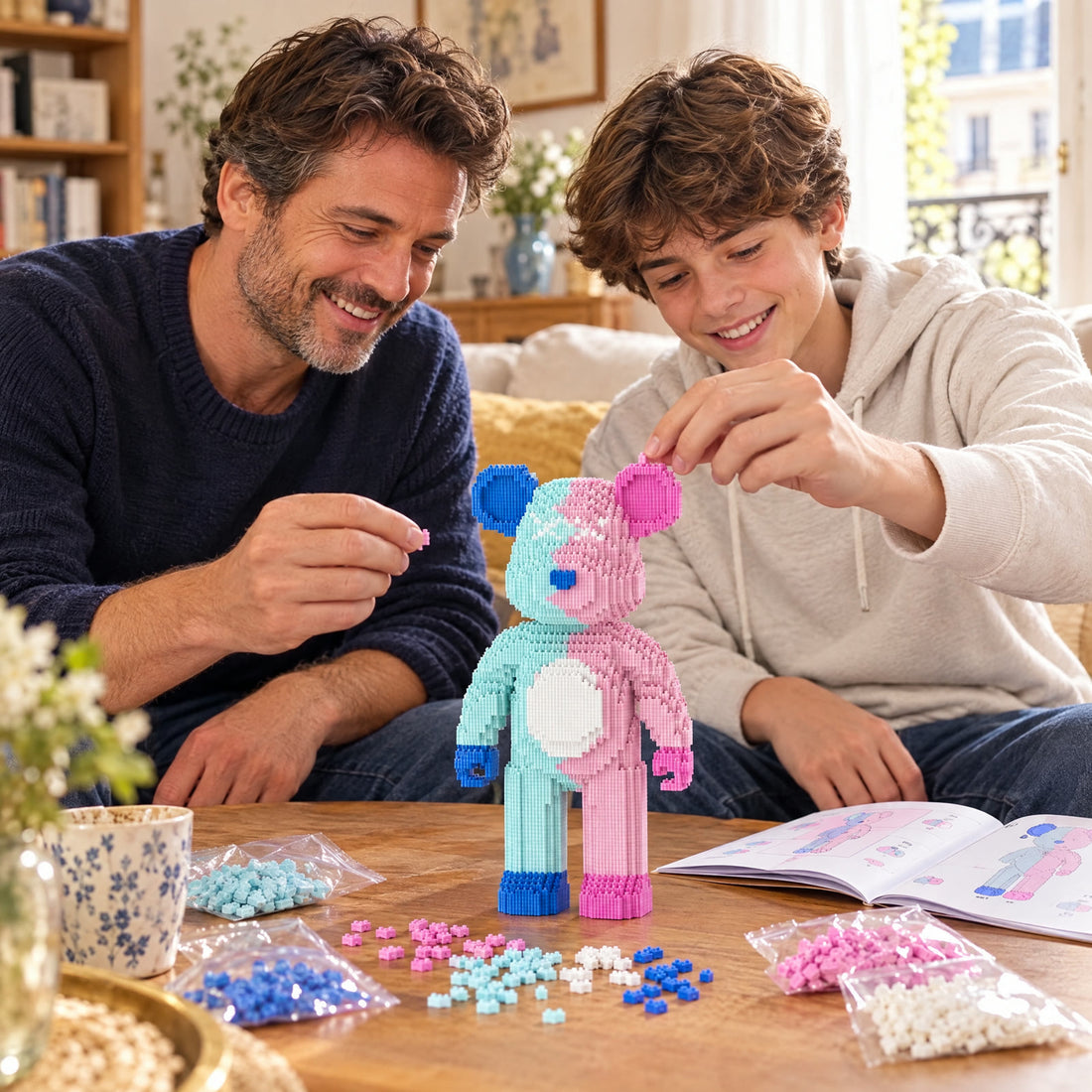 Un père et son fils construisent l'ours