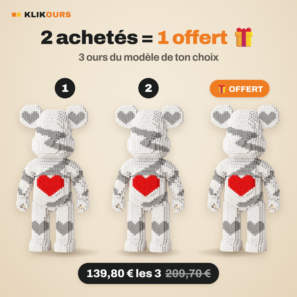 Offre 2 achetés = 1 offert : 3 ours du même modèle pour 139,80 €