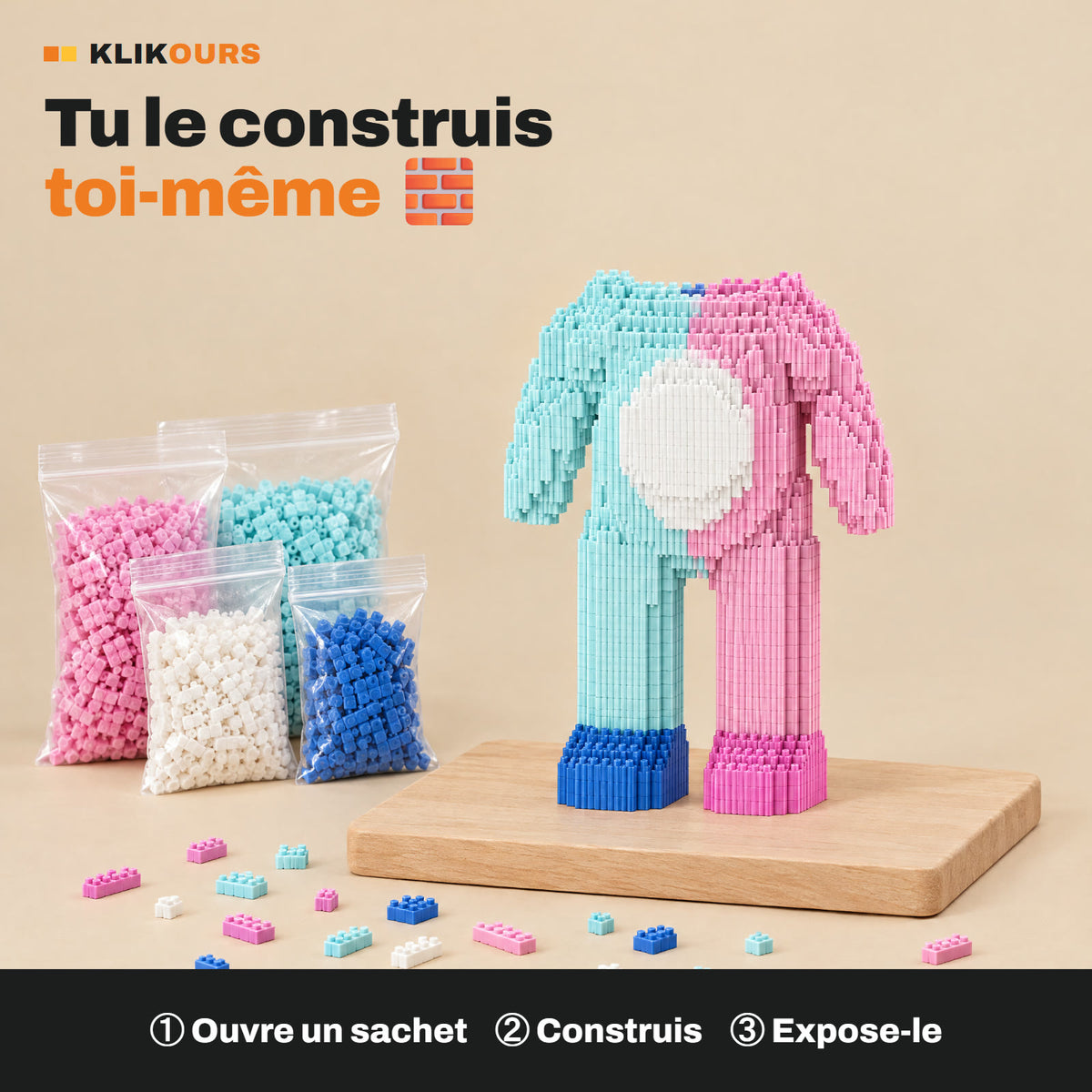 Ours en cours de construction à côté des sachets de micro-briques
